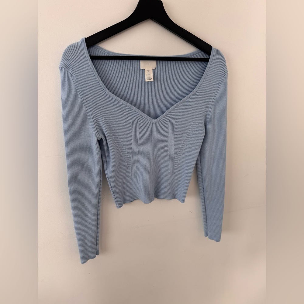 H&M Light Blue Ribbed V-Neck Long Sleeve Top
